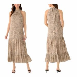 NWT! Vince Camuto Tiered Maxi Dress with Bow Back Light Camel Multi. Size Small.